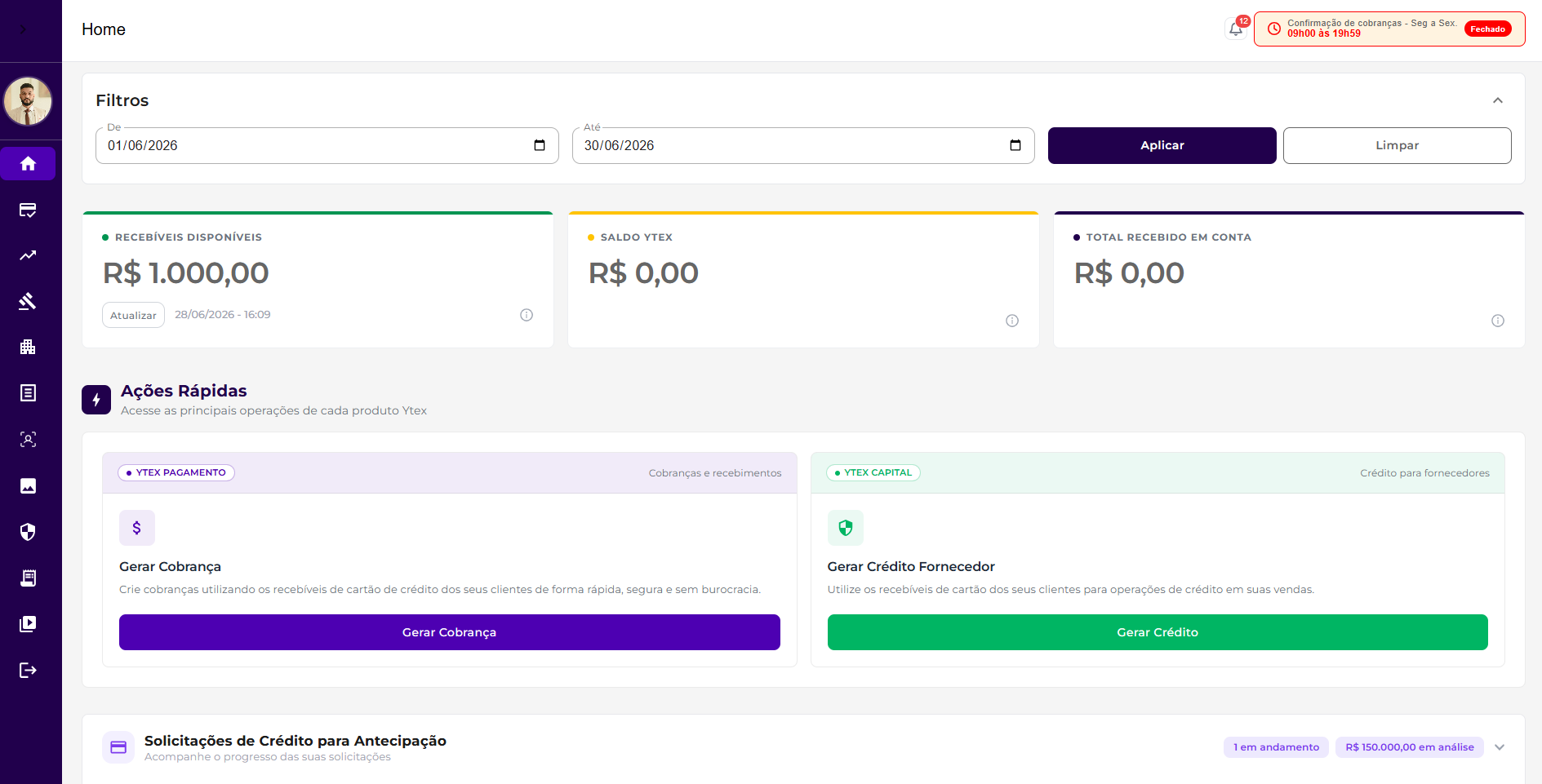 Interface da plataforma Ytex — dashboard com recebíveis, cobranças e crédito para fornecedores